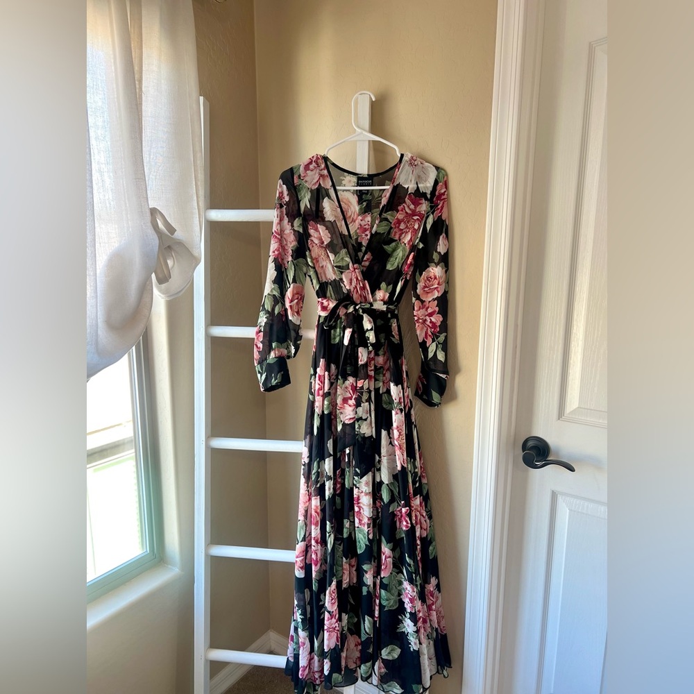 Enfocus Studio Black and Pink Floral Long Sleeve Dress
